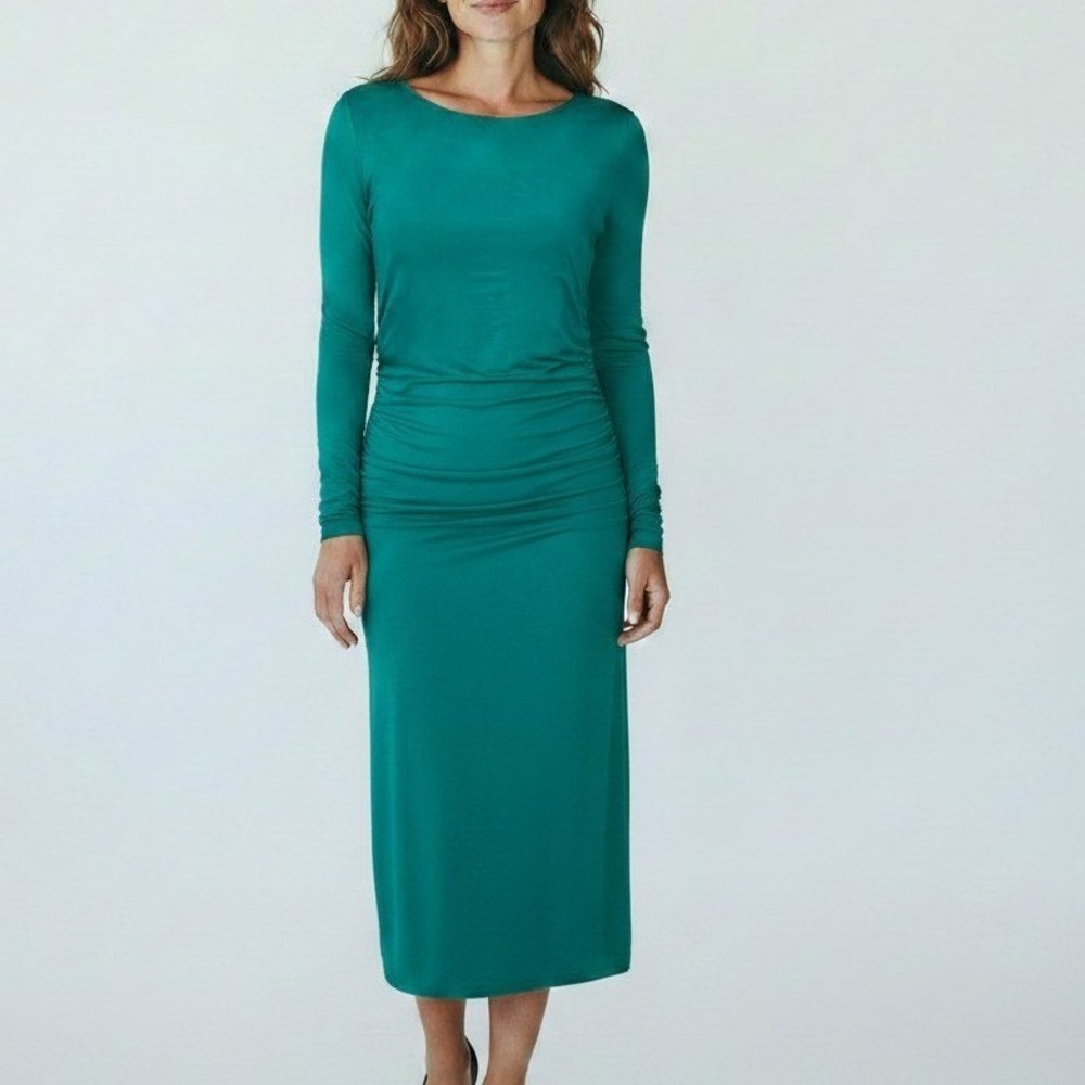 J Peterman Secret Keeper Green Long Sleeve Ruched Waist Bodycon Sheath Dress XS